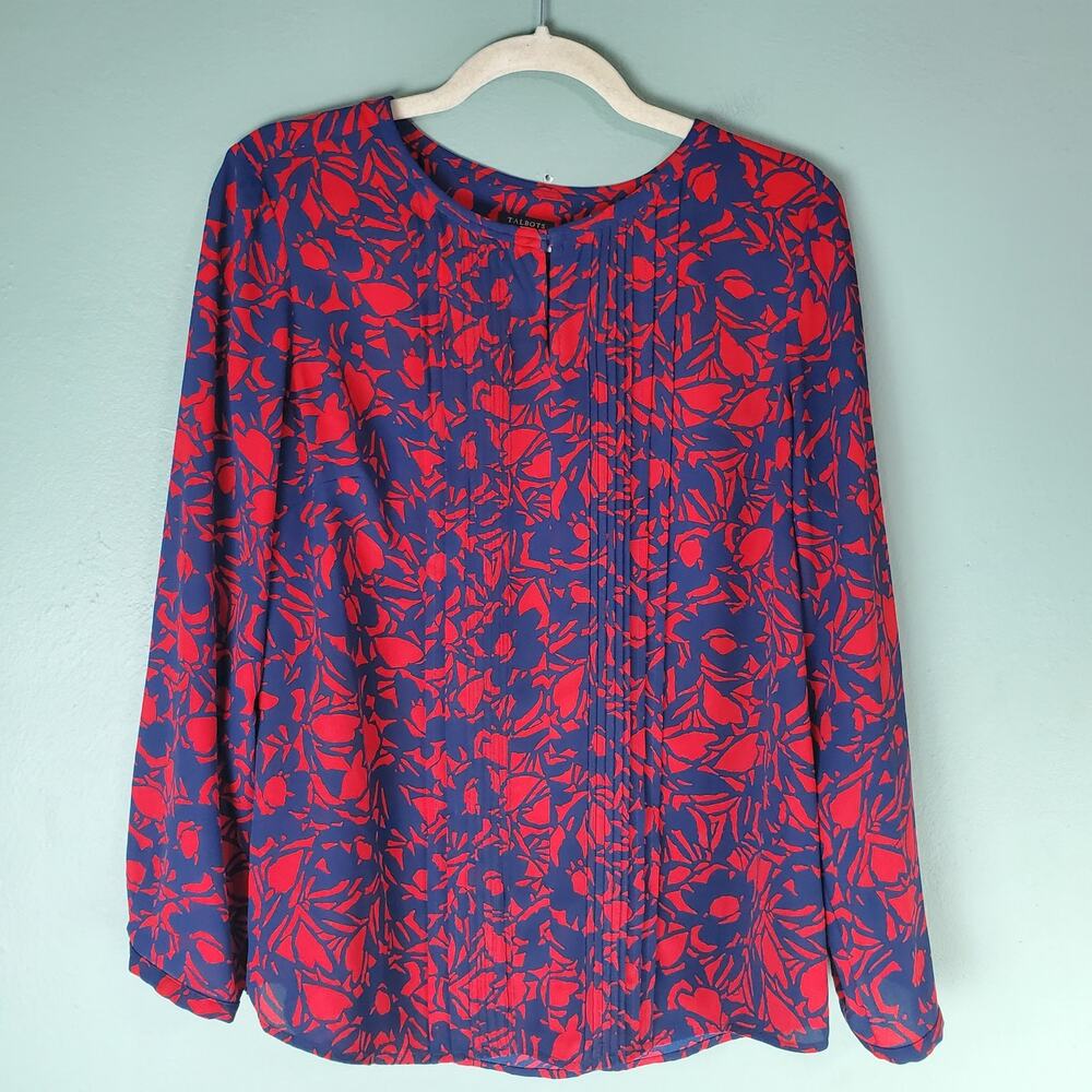 Talbots Womens Red Blue Floral Pintuck Long Sleeve Blouse Top Size LP Petites